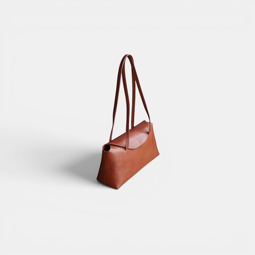 SELENE AMAS Juliet Bag in chestnut premium leather with amethyst fabric lining and shoulder straps.
