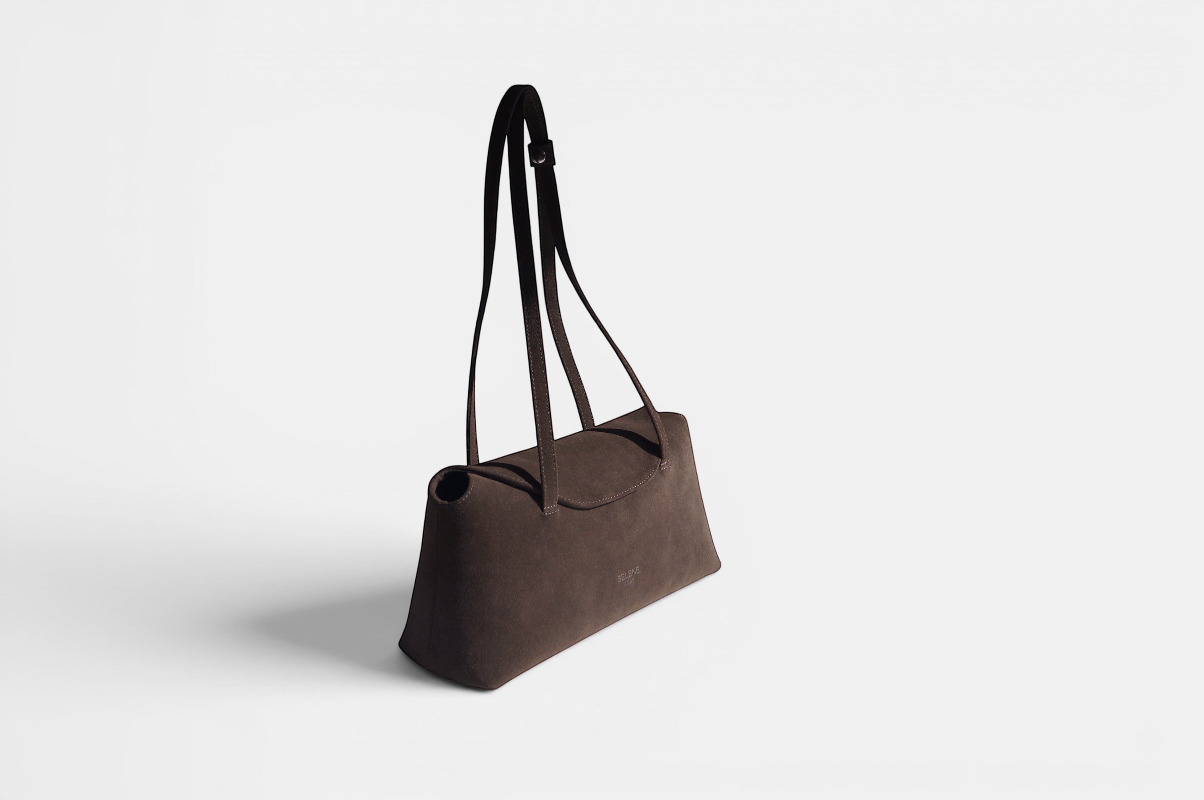 SELENE AMAS Juliette Espresso Suede shoulder bag, handmade from premium suede leather with a signature amethyst fabric lining.